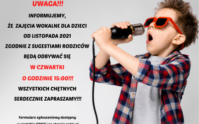 UWAGA!!! ZMIANA TERMINU ZAJĘĆ WOKALNYCH DLA DZIECI!!!